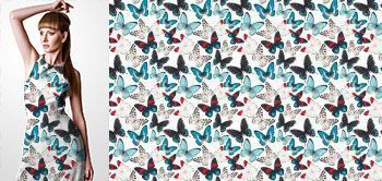 24001v Materiał ze wzorem kolorowe motyle w odcieniach niebieskiego, czerwonego i beżu